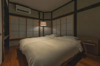 a rendering of a bedroom with a large white bed at innnn higashinagasaki in Tokyo