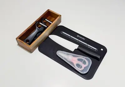 a pair of scissors in a wooden case at -Higashi Shinjuku 1009- in Tokyo