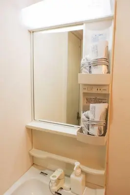 a bathroom with a mirror and a sink at SLEEPLAB THE STAY Casual \u65b0\u5bbf2 in Tokyo