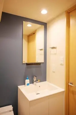 a bathroom with a white sink and a mirror at Harebare apartment for max 4ppl 3mins walk from Kiba station 5F in Tokyo