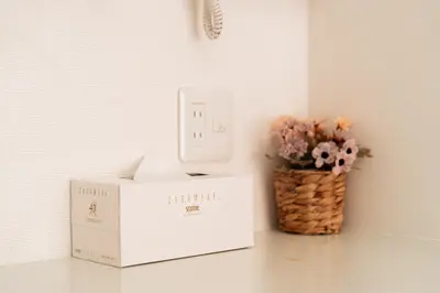 a box sitting on a counter with a vase of flowers at Kamata Opus2 Apartment in Tokyo