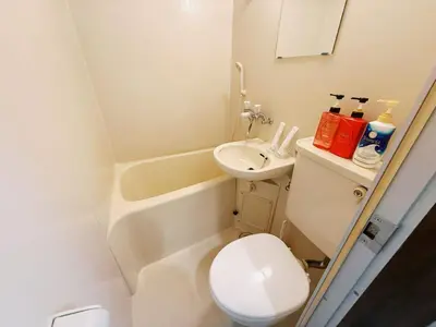 a small bathroom with a toilet and a sink at Tokyo Shinjuku Waseda House\u65b0\u5bbf\u65e9\u7a32\u7530 in Tokyo
