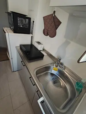 a kitchen with a stainless steel sink and a microwave at \u30e9\u30d1\u30f3\u30a2\u30b8\u30eb in Tokyo