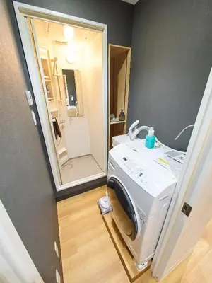 a washing machine in a bathroom with a mirror at Shimbashi Hotel Sho in Tokyo