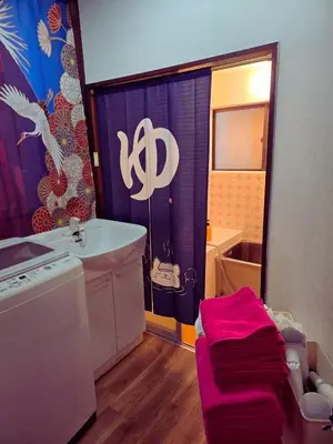 a bathroom with a sink and a shower with a toilet at BandK Kouenji in Tokyo