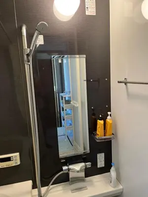 a shower in a bathroom with a mirror at \u5c0f\u6e13\u8358 in Tokyo