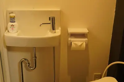 a bathroom with a sink and a roll of toilet paper at Remon House Asakusa Tokyo in Tokyo
