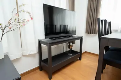 a television on a black stand in a living room at XS14 XROSS STAY Higashi shinjuku1 \u6771\u65b0\u5bbf in Tokyo