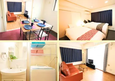 a collage of three pictures of a hotel room at Cosmy-2 IC53 in Tokyo