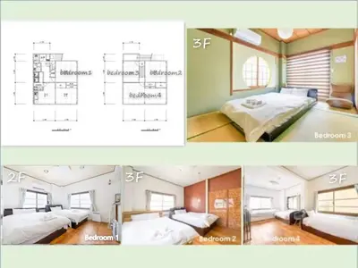 two pictures of a room with two beds at Kinshicho detached house KK23 in Tokyo
