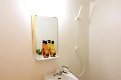 a bathroom with a sink and a mirror at Nishi Shinjuku House Five 1F HF1 in Tokyo