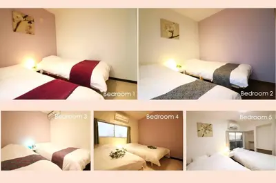three pictures of a room with two beds in it at Nishi Shinjuku House Five 1F HF1 in Tokyo