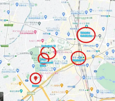 two red circles on a map at Nishi Shinjuku House Five 1F HF1 in Tokyo