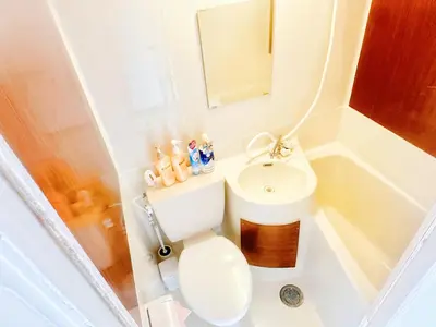 a small bathroom with a toilet and a sink at \u65b0\u5bbf\u6b4c\u821e\u4f0e\u753a\u8212\u9002\u516c\u5bd3#7 in Tokyo