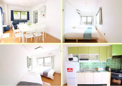 four different pictures of a kitchen and a bedroom at Senkawa CV House SC1 in Tokyo