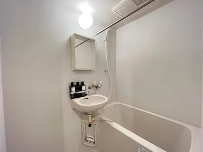 a white bathroom with a sink and a bath tub at SW Nishi Waseda 202 SN22 in Tokyo