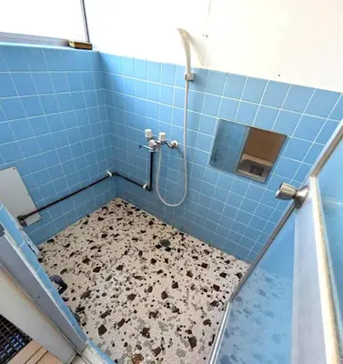 a blue tiled bathroom with a shower with a sink at Okubo Daiichi House 1B OD1B in Tokyo