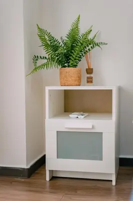 a white shelf with a potted plant on it at Natsumi 2 \u30db\u30c6\u30eb in Tokyo