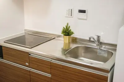 a kitchen sink with a potted plant on top of it at japan house Ikebukuro 2 in Tokyo