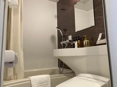 a bathroom with a sink and a toilet at HOTEL LiVEMAX Mita Ekimae in Tokyo