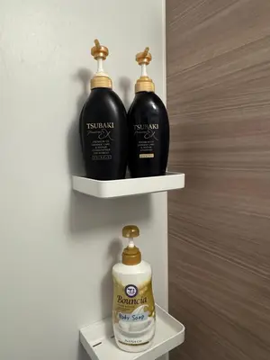 two bottles of soap on shelves in a room at Shiba inn in Tokyo