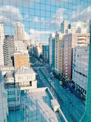 a view of a city with cars on a street at Shinjuku Kabuki Youth Hostel#New Sunshine Room#50 second walk from Higashi Shinjuku subway#Automatic locking door at entrance#\u65b0\u5bbf2 in Tokyo