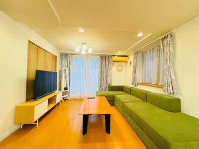 a living room with a green couch and a television at PUSU-OKUBO House 3LDK-SJ0079 in Tokyo
