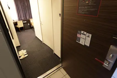 a pair of shoes are sitting on the floor next to a door at HOTEL Guest1 Ueno Ekimae in Tokyo