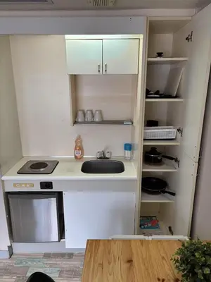 a small white kitchen with a sink and shelves at Shinjuku\u5bbf in Tokyo