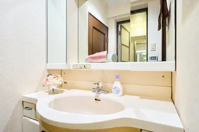 a bathroom with a sink and a mirror at B-Shinjuku luxury house with EV Max12P in Tokyo