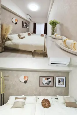 two pictures of a hotel room with two beds at G35\u65b0\u5bbf\u6700\u4e2d\u5fc3 \u6771\u65b0\u5bbf\u7ad95\u5206-Shinjuku center 5 mins to st, Max 4P \u65b0\u5bbf \u6d89\u8c37 \u8868\u53c2\u9053 \u6c60\u888b \u4e0a\u91ce \u4ee3\u4ee3\u6728 \u94f6\u5ea7 \u539f\u5bbf in Tokyo