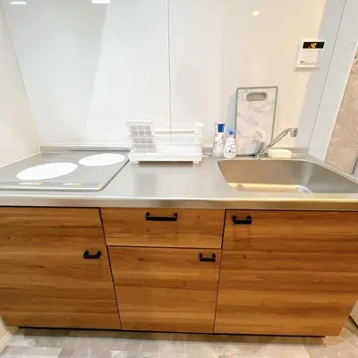 a bathroom counter with a sink and a mirror at 103, Higashi-Yotsugi 3A, Entire house for rent, \u6771\u56db\u3064\u67283A in Tokyo