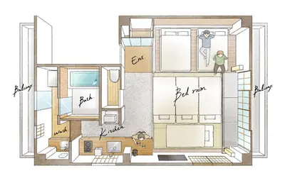 a drawing of a house with people standing in the window at Hotel Matoma in Tokyo