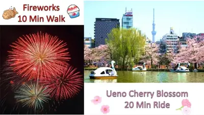 a collage of pictures of a city with fireworks min walk and a city at Zen House - Vacation STAY 18298 in Tokyo