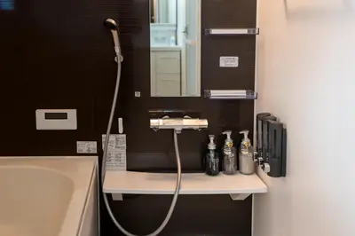 a bathroom with a shower and a sink and a mirror at Boasorte Urayasu in Tokyo