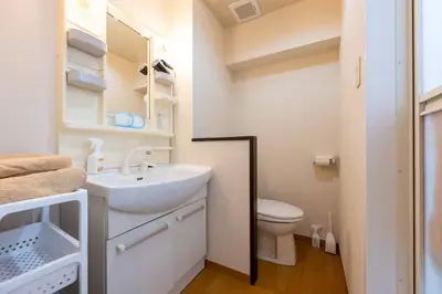 a white bathroom with a sink and a toilet at \u5409\u7965\u5929 in Tokyo