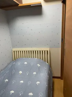a bedroom with a bed with a blue comforter with sheep at \u5e73\u5b89\u65c5\u9986\u7537\u58eb\u8ff7\u4f60\u5355\u8eab\u516c\u5bd3 in Tokyo