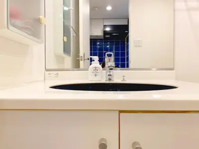 a bathroom counter with a sink and a mirror at Pangoo Shinagawa Room 406 - Vacation STAY 18375 in Tokyo
