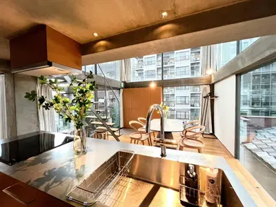 a kitchen with a sink and a large window at Natsumezaka Room3 NM3 in Tokyo