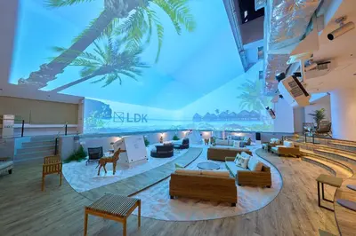 a rendering of a lobby with palm trees on the ceiling at GRAND HOSTEL LDK Tokyo Nishikasai -GRAND OPENING In May 2025- in Tokyo
