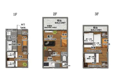 two views of a floor plan of a building at Japanese style single-family house, three floors, 75 square meters, three bedrooms and one living room in Tokyo