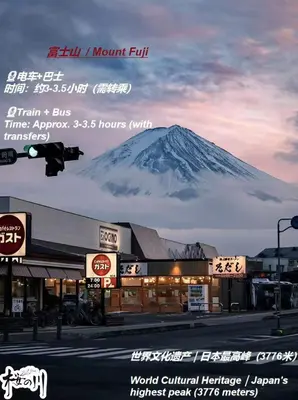 a mountain in the background of a town with a building at \u685c\u306e\u5ddd50 \u6771\u4eac\u6674\u7a7a\u585410\u5206\u949f\u672c\u6240\u543e\u59bb\u6a4b\u99c55\u5206\u949f5\u4eba\u623f\u4e28 Tokyo skytree 10 mins Honjo Azumabashi 5 minutes5 people in Tokyo