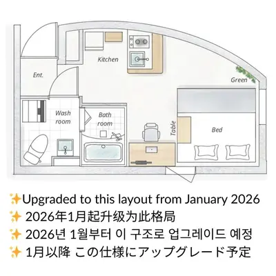 a floor plan of a tiny house with writing on it at Fox & Fortune 4A -Nomad Stay- 3-min Walk, PS5, Apple Studio in Tokyo