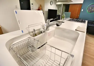 a kitchen sink with a dish drying rack next to it at Alice 501 in Tokyo