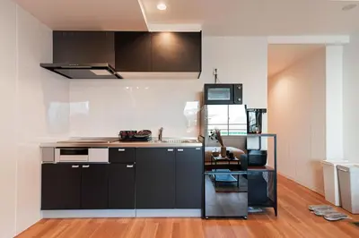 a kitchen with black cabinets and a sink at saiei hotel 201 in Tokyo