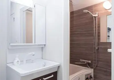 a white bathroom with a sink and a shower at Kasai Light Luxury House 101 in Tokyo