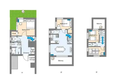 a floor plan of the apartment units of the villas at Independent Home - One Minute Walk to Rail Hub - Direct Link to Asakusa Ueno Ginza Tokyo Sky Tower - 102 Square Meters with Four Rooms One Living Area Two Restrooms Two Baths - Easy Link to Both Major Airports in Tokyo
