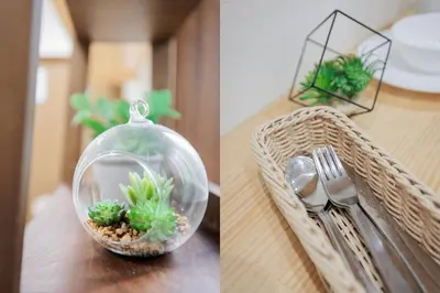 a glass bowl with plants in it sitting on a table at self-check in-shinjuku-windhouse in Tokyo