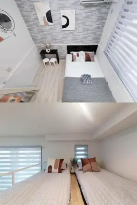 two pictures of a bedroom in a loft at \u65b0\u5bbf\u4e2d\u5fc3\u5546\u5708-\u65b0\u5927\u4e45\u4fdd\u5f92\u6b654\u5206-\u65b0\u5bbf\u5f92\u6b6510\u5206-2Room-Max4P in Tokyo