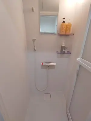 a white bathroom with a shower and a mirror at \u6771\u4eac\u5929\u7a7a\u4e4b\u5bb6\u6c11\u5bbf201\u72ec\u7acb\u516c\u5bd3 \u72ec\u7acb\u536b\u6d74 in Tokyo